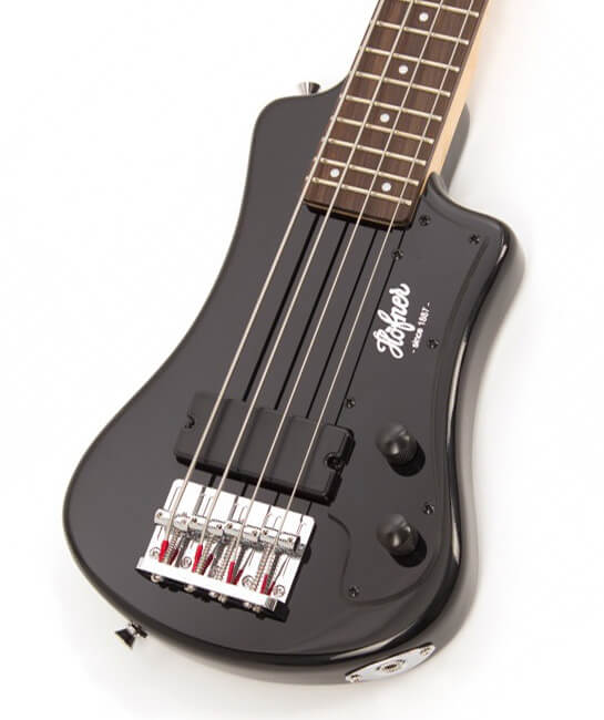Black Hofner HCT-SHB-BK-O Shorty Electric Travel Bass Guitar with Gig Bag